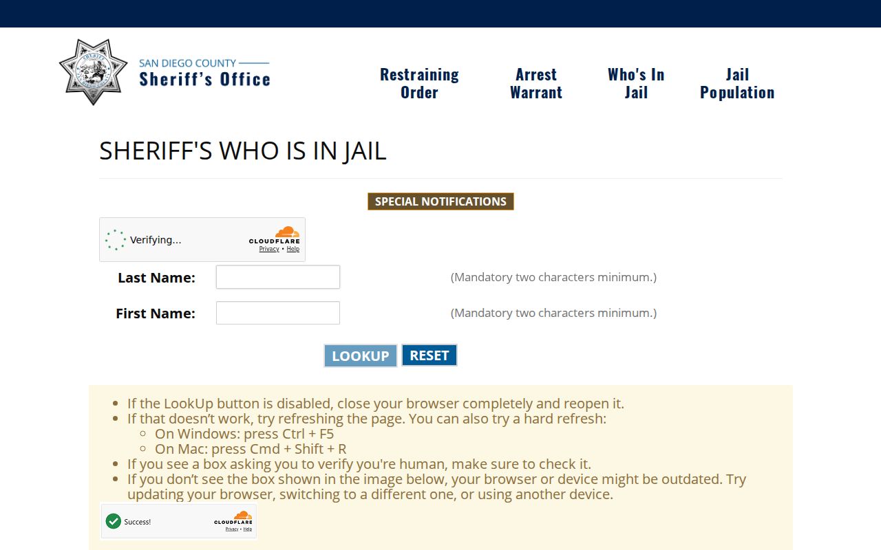 Imperial Beach residents directory view of the county custody search
