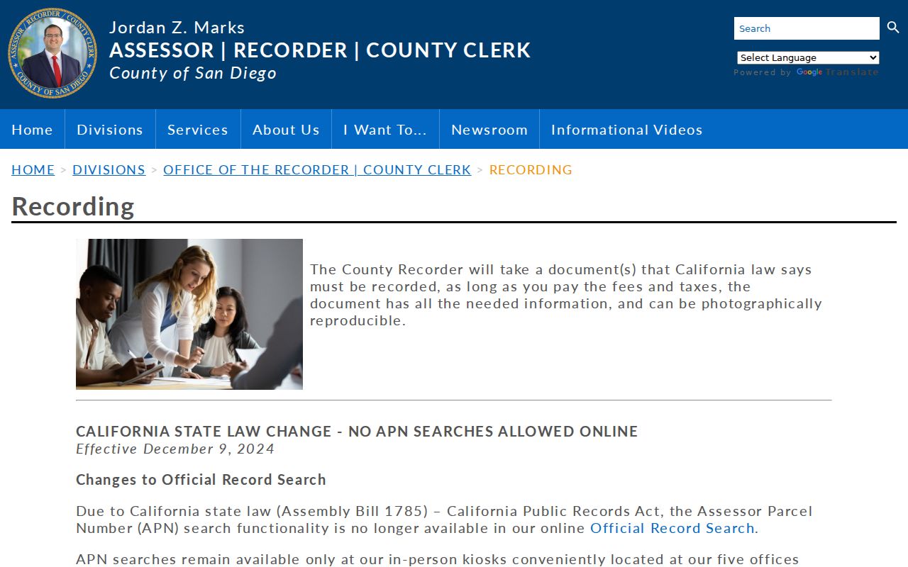 Imperial Beach neighbors county recording services
