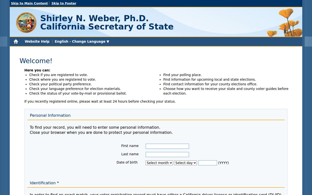 Imperial Beach resident lookup California My Voter Status authentication