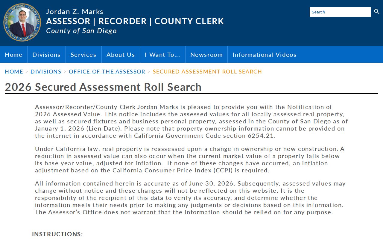 Imperial Beach street directory secured assessment roll search fields